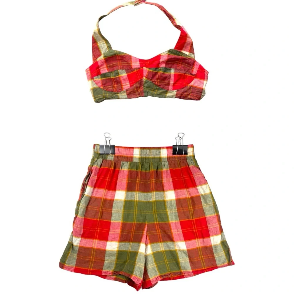 Vintage Vis a Vis Plaid Halter Top and Shorts Set Large Designer - Picture 1 of 11